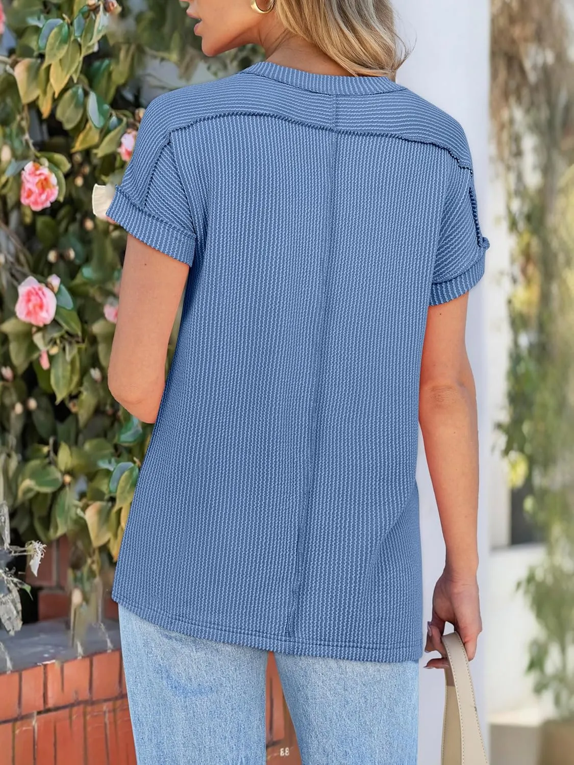 ANRABESS Womens Short Sleeve Crewneck Shirts Ribbed Knit High Low Hem T Shirt 2025 Summer Spring Casual Tops Trendy Clothes