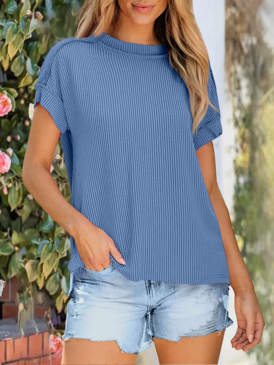 ANRABESS Womens Short Sleeve Crewneck Shirts Ribbed Knit High Low Hem T Shirt 2025 Summer Spring Casual Tops Trendy Clothes