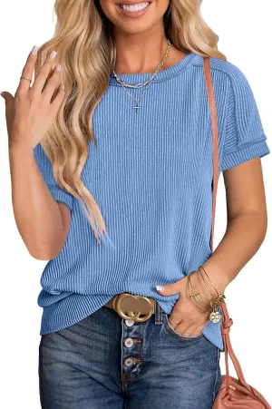 ANRABESS Womens Short Sleeve Crewneck Shirts Ribbed Knit High Low Hem T Shirt 2025 Summer Spring Casual Tops Trendy Clothes
