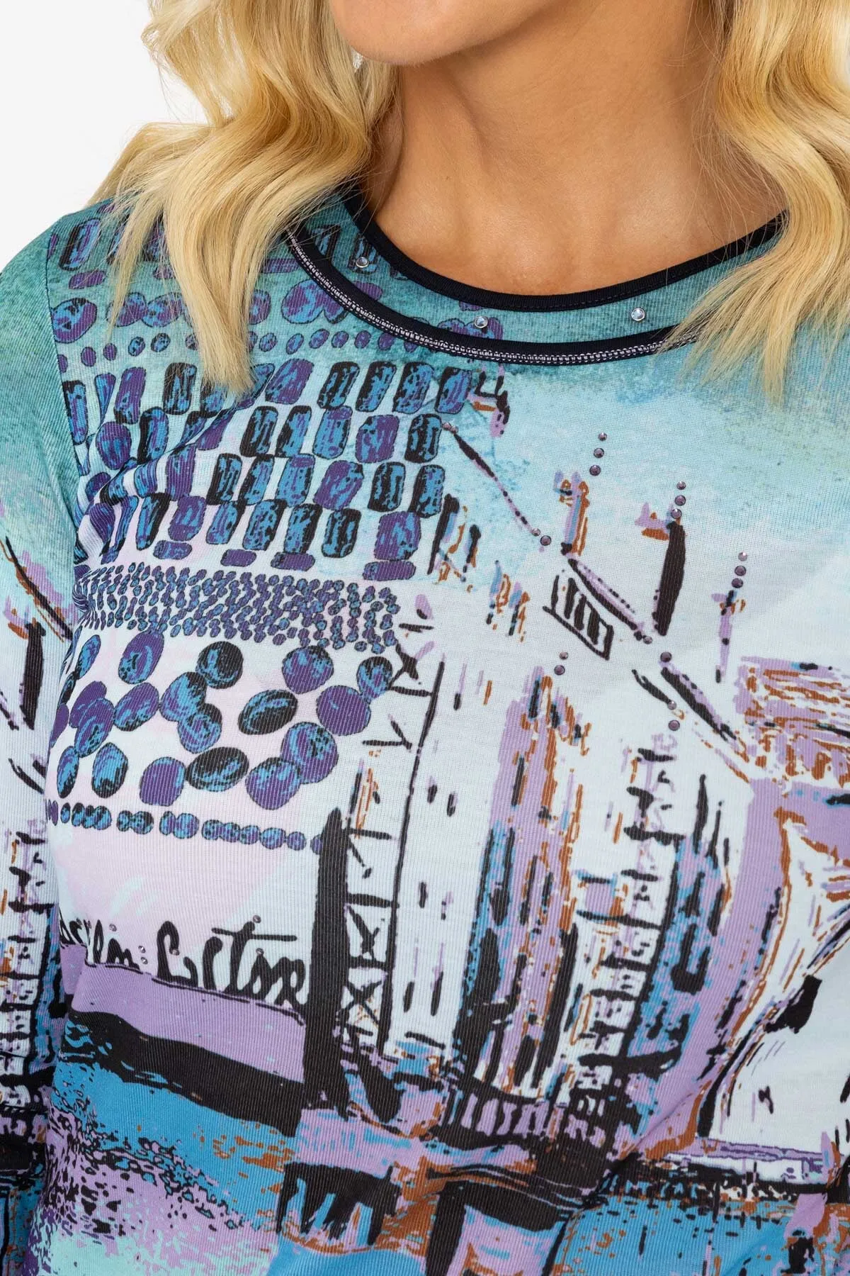 Aqua Blue City Print Long Sleeve Top