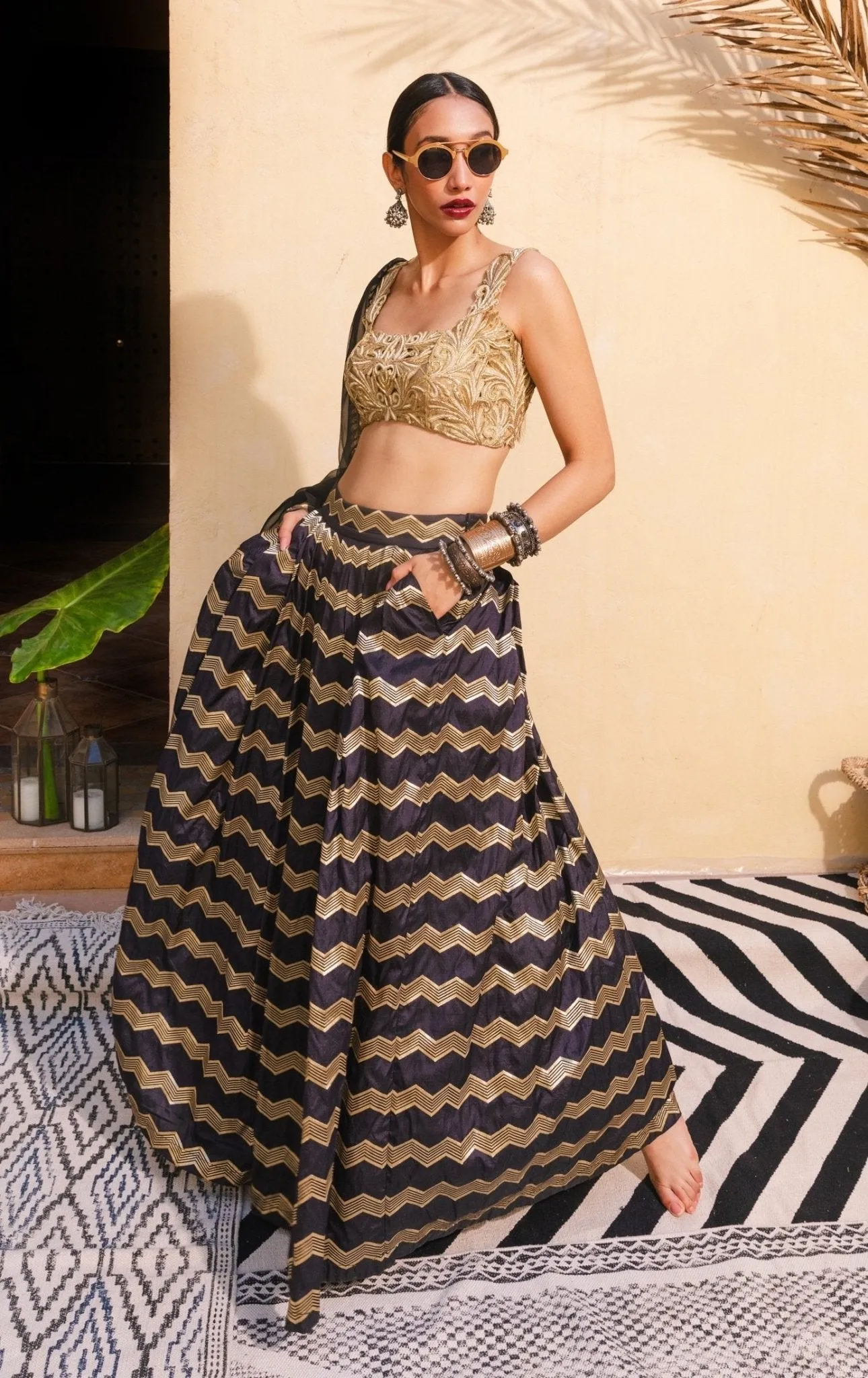 Black And Gold Banarasi Lehenga Set