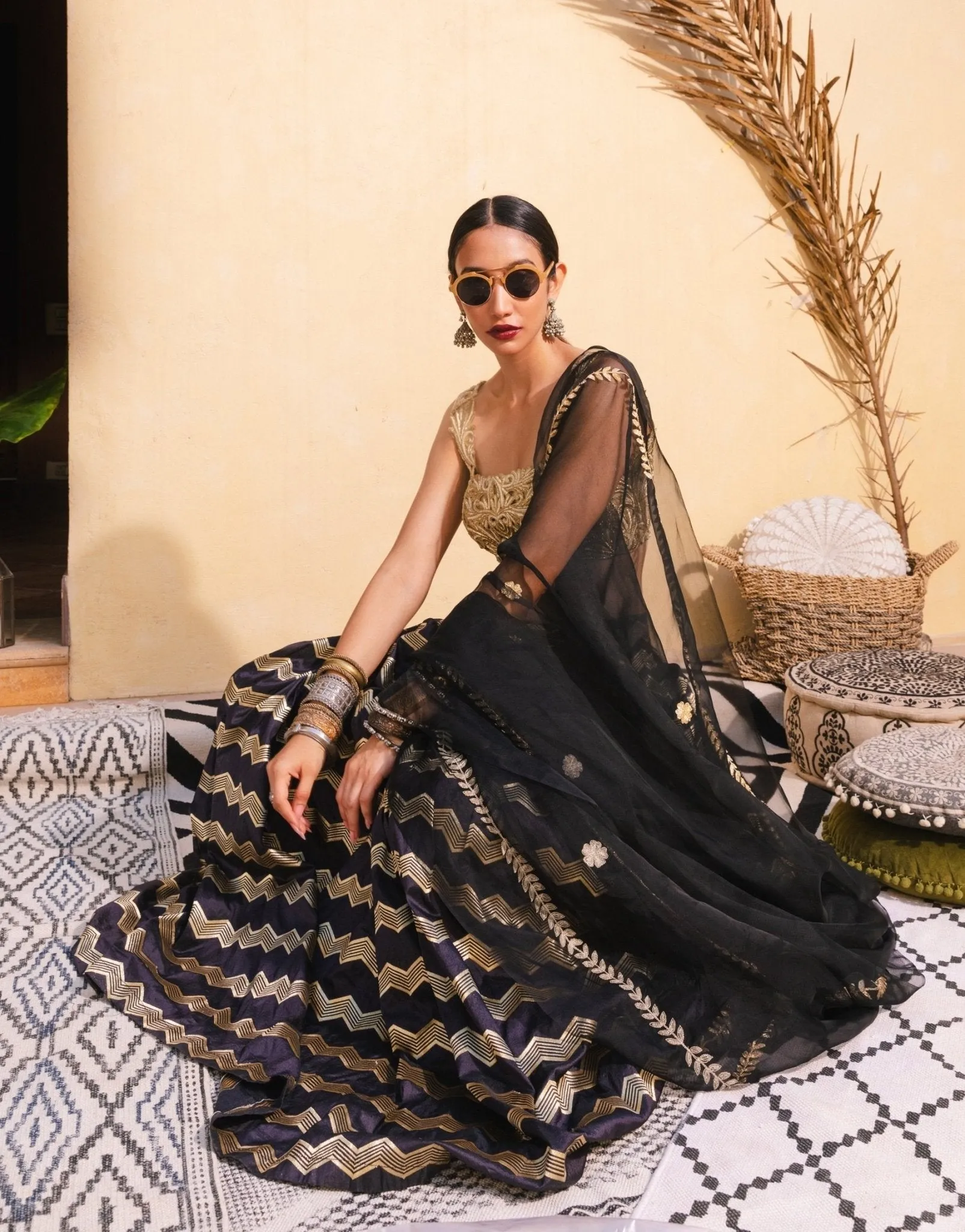 Black And Gold Banarasi Lehenga Set