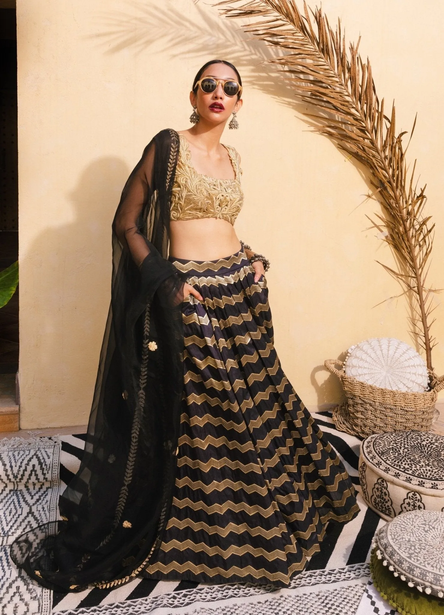 Black And Gold Banarasi Lehenga Set