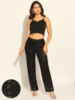 Black Sequined Mid Waist Trouser In Stretchable Fabric