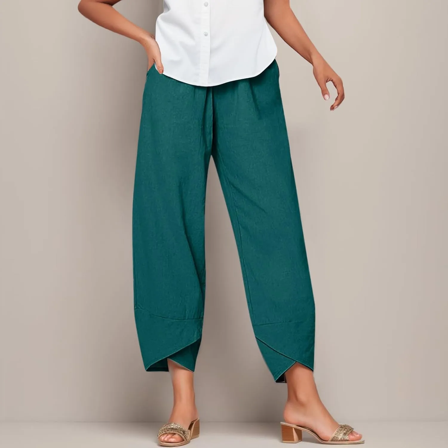 Cotton Linen Capri Pants for Women Casual Summer Cropped Baggy Yoga Comfy Trousers Palazzo Lounge Pants with Pockets