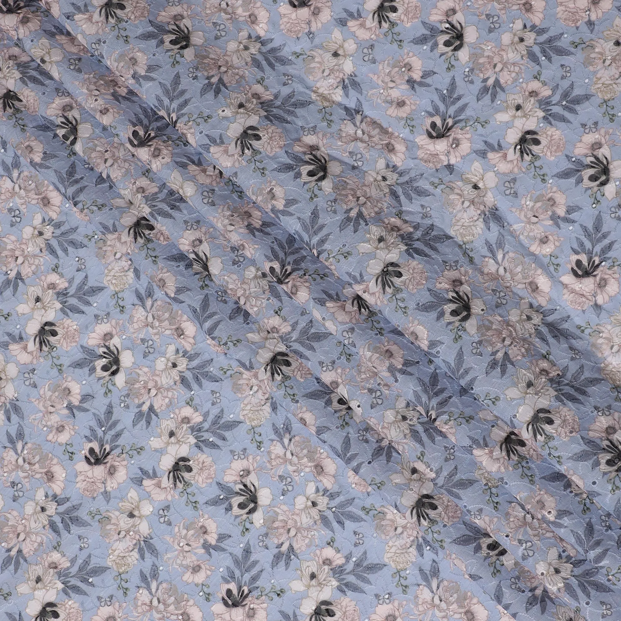 Delicate Pastel Blue Floral blended Cotton Lawn Fabric with Embroidery - 110 cm Wide - D19585