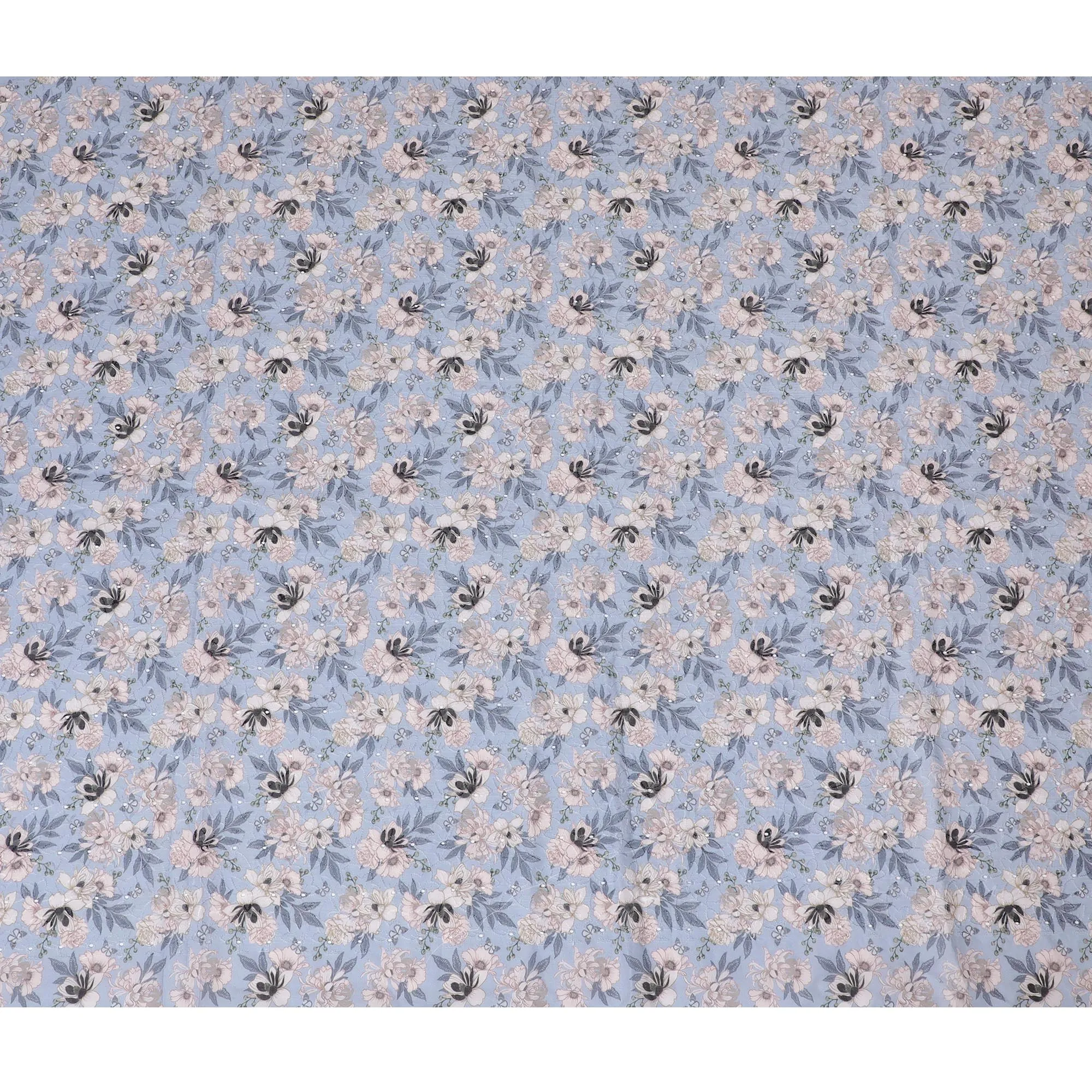 Delicate Pastel Blue Floral blended Cotton Lawn Fabric with Embroidery - 110 cm Wide - D19585