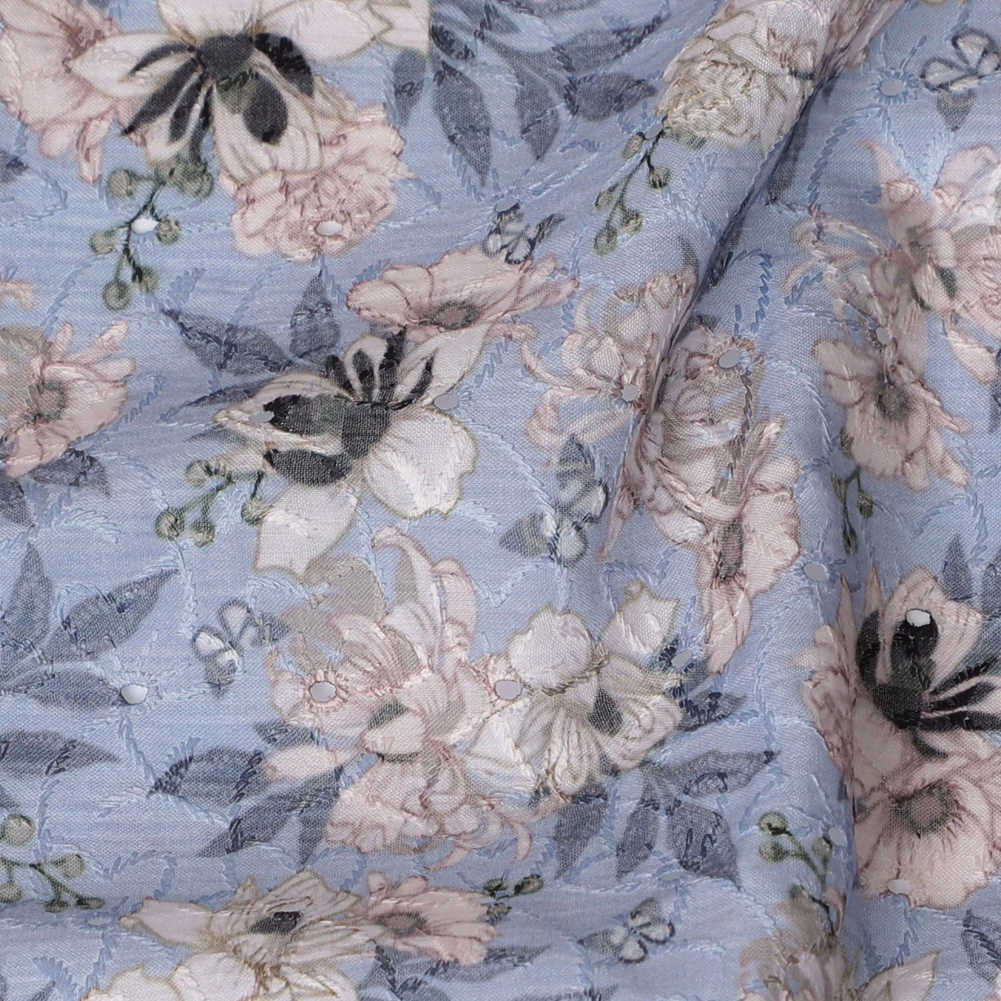 Delicate Pastel Blue Floral blended Cotton Lawn Fabric with Embroidery - 110 cm Wide - D19585