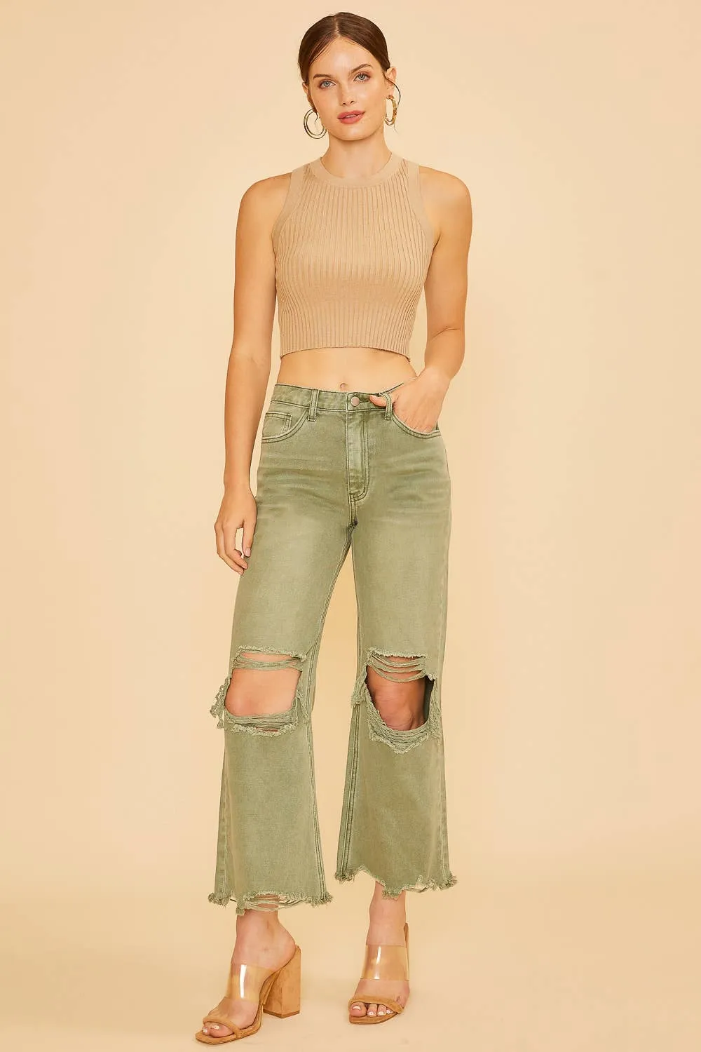 DISTRESSED LIGHT WEIGHT DENIM STRAIGHT JEAN _ AP0033: XL / OLIVE