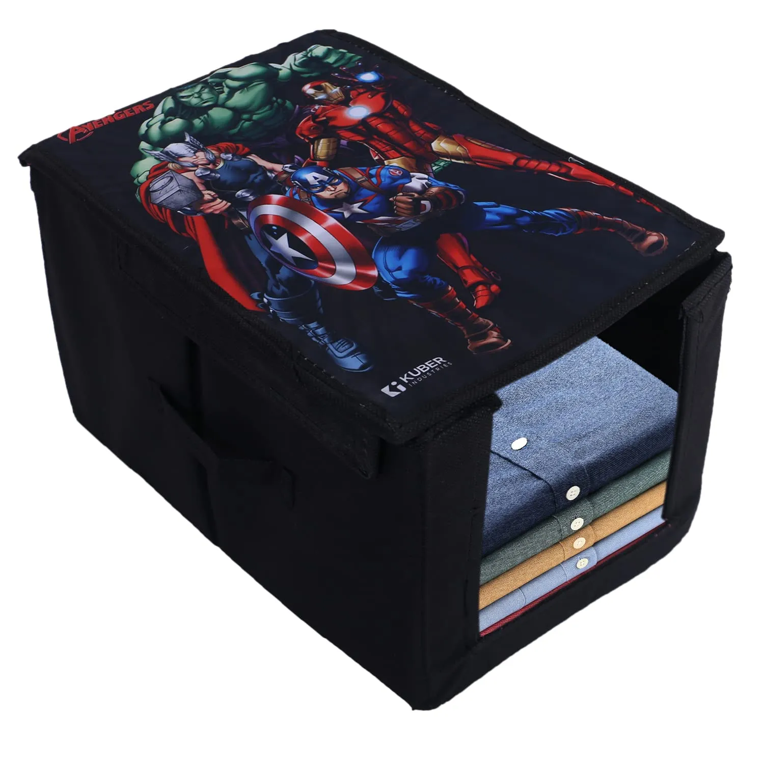 Heart Home Marvel Avengers Shirt Stacker|Foldable Shirt Stacker for Cloth|Non-Woven Wardrobe Organizer for Home With Lid|Pack of 3 (Black)