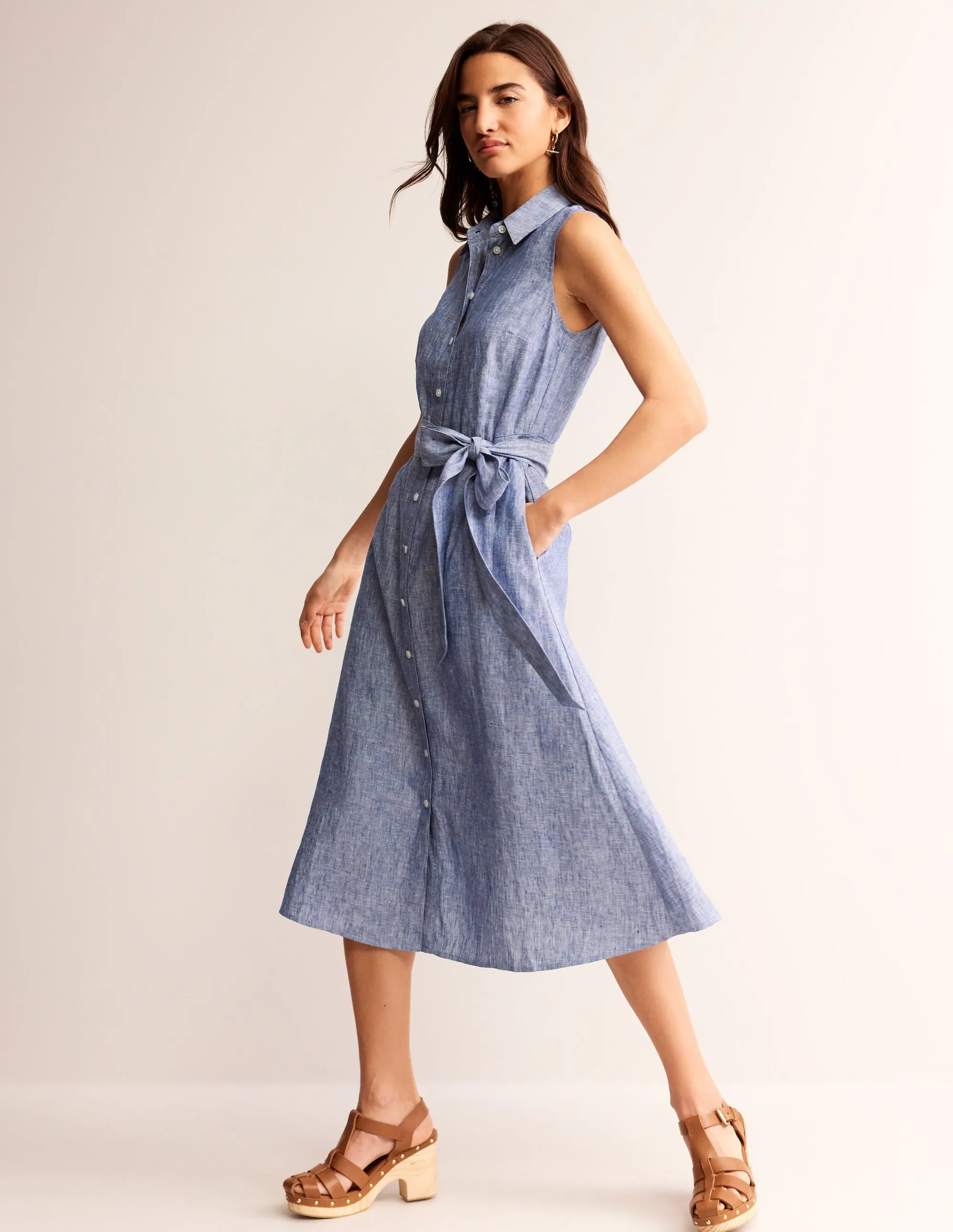 Kate Linen Midi Shirt Dress-Grey Blue Chambray
