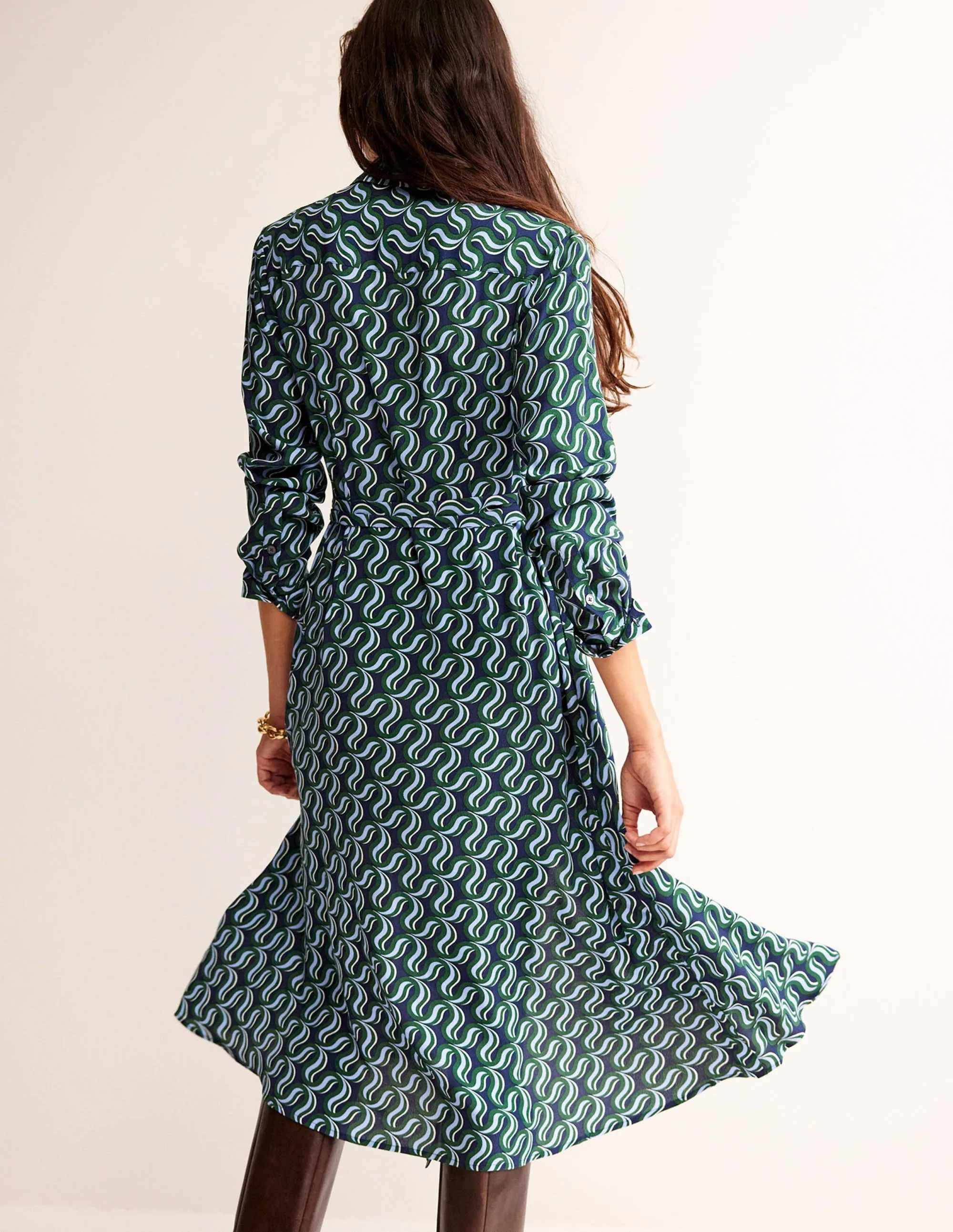 Kate Midi Shirt Dress-Amazon Green, Ribbon Wave