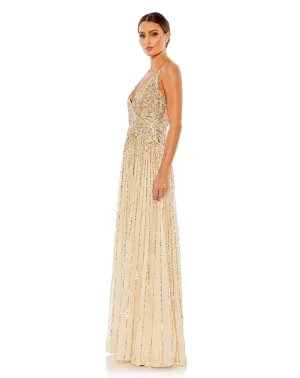 Mac Duggal SEQUINED SLEEVELESS WRAP OVER A LINE GOWN #10928