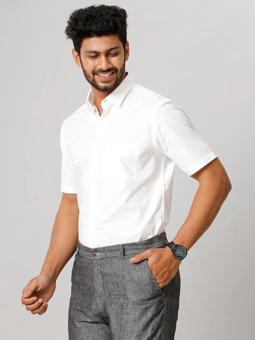 Men Cotton Spandex 2 Way Stretch Shirt White
