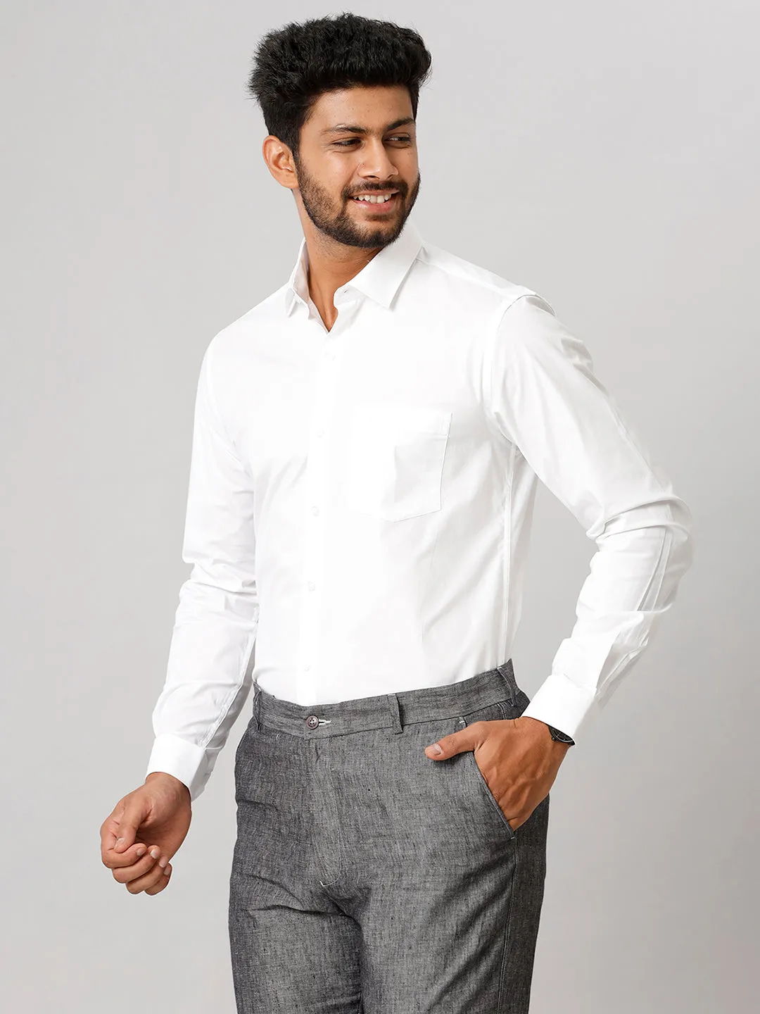 Men Cotton Spandex 2 Way Stretch Shirt White