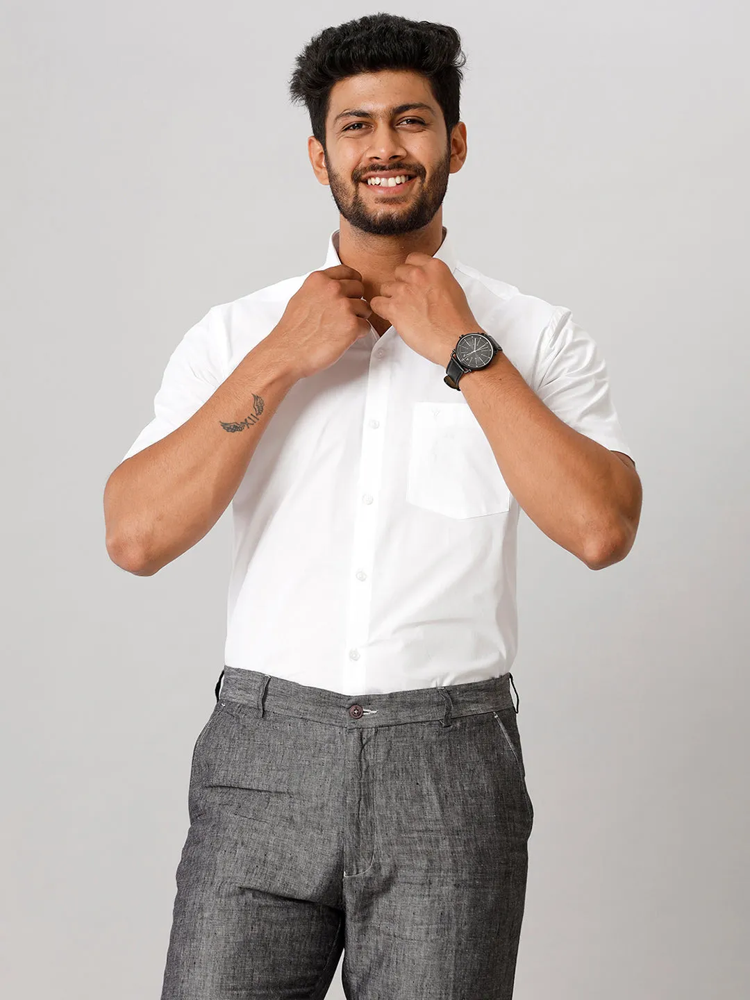Men Cotton Spandex 2 Way Stretch Shirt White