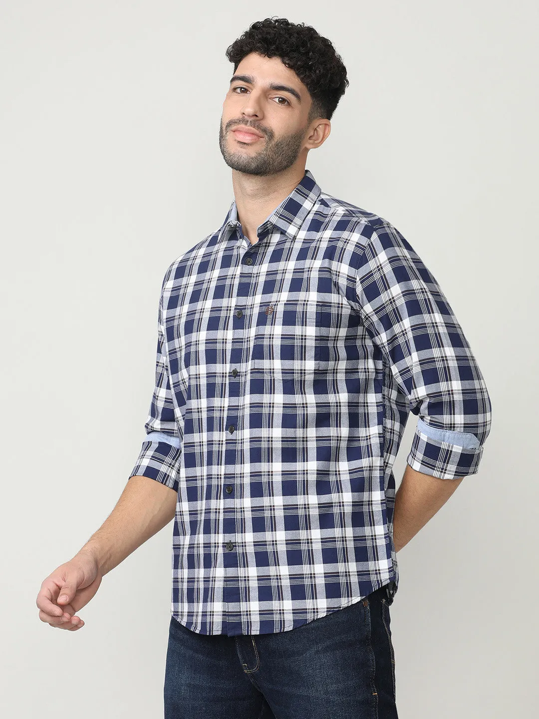 Navy Oxford Checks Shirt With Pocket