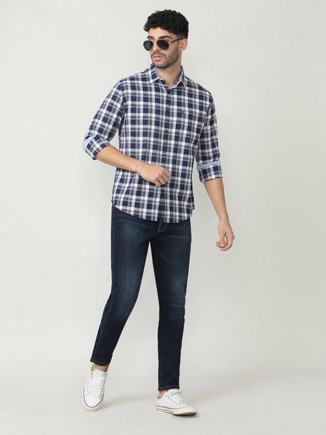 Navy Oxford Checks Shirt With Pocket