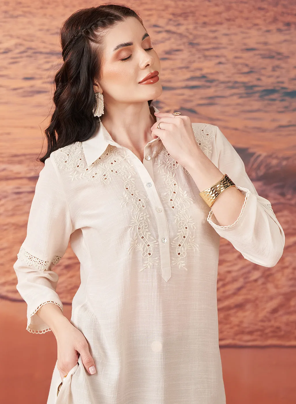 Nia Ivory Embroidered Rayon Kurta for Women