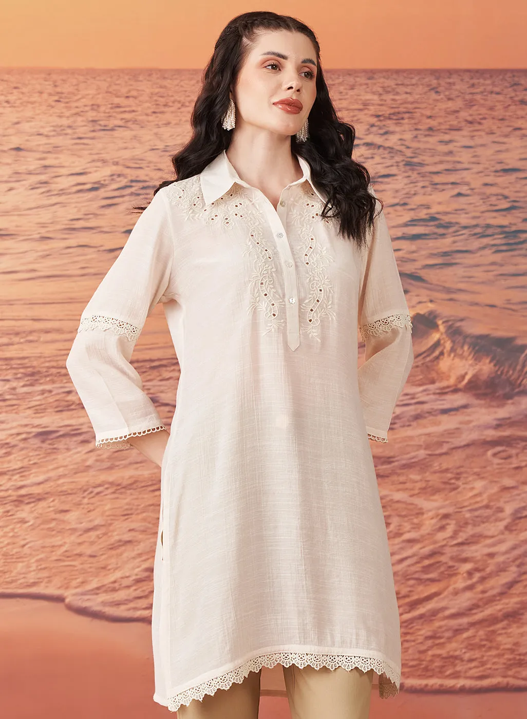 Nia Ivory Embroidered Rayon Kurta for Women