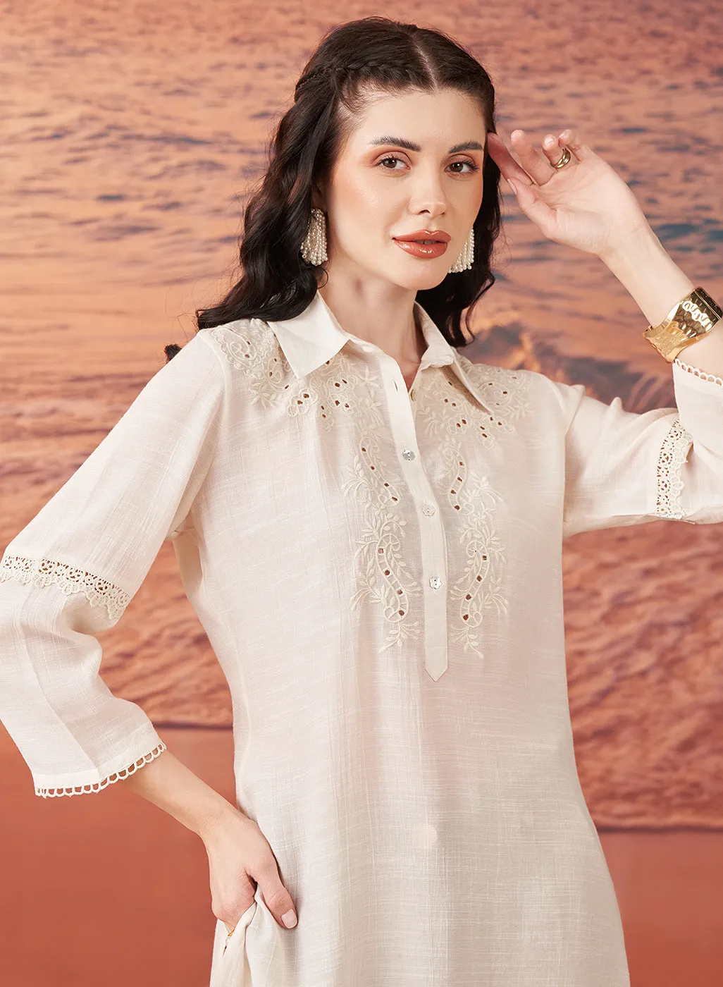 Nia Ivory Embroidered Rayon Kurta for Women