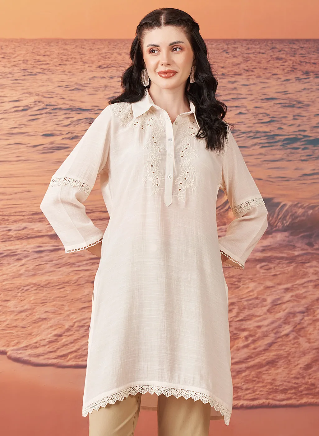 Nia Ivory Embroidered Rayon Kurta for Women
