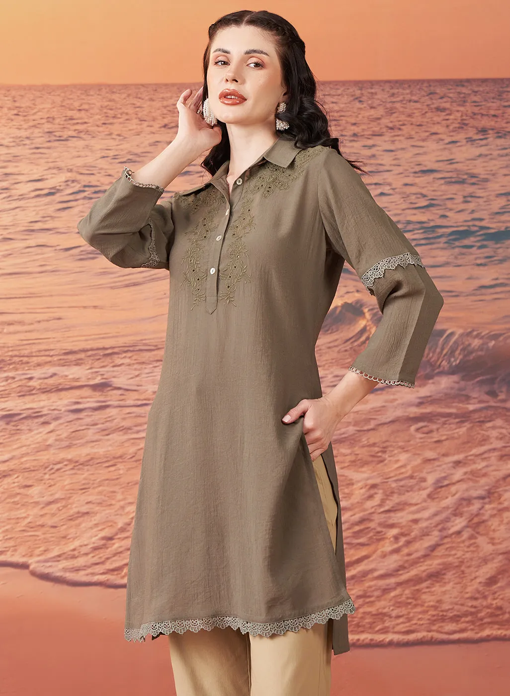 Nia Olive Embroidered Rayon Kurta for Women