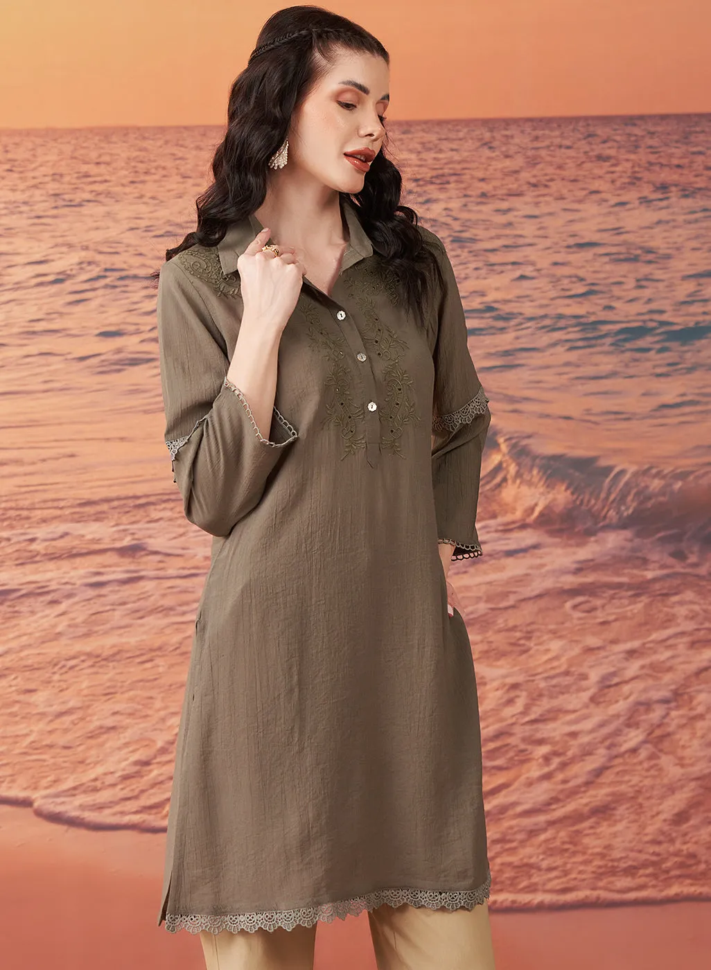 Nia Olive Embroidered Rayon Kurta for Women