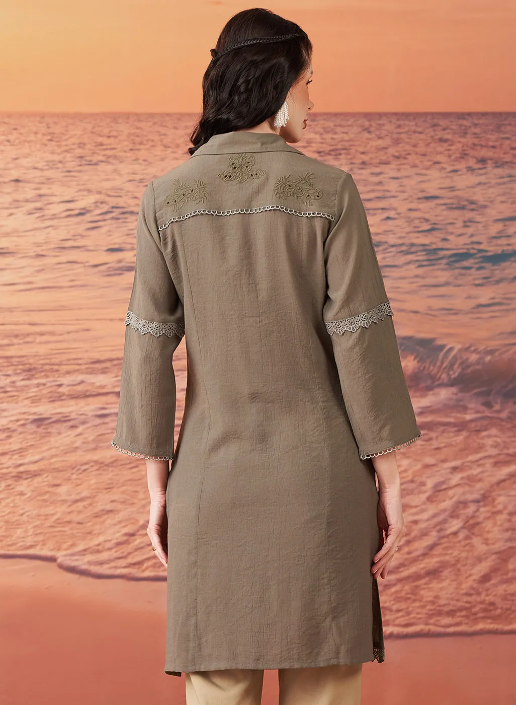 Nia Olive Embroidered Rayon Kurta for Women