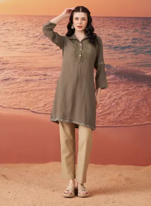 Nia Olive Embroidered Rayon Kurta for Women