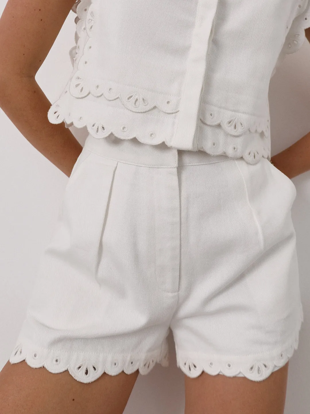 Nyla Cutwork Embroidery Denim Shorts | White