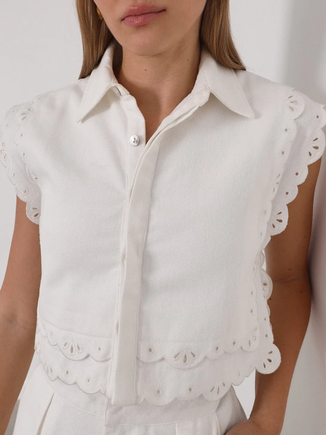 Nyla Cutwork Embroidery Denim Top | White