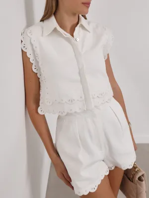 Nyla Cutwork Embroidery Denim Top | White