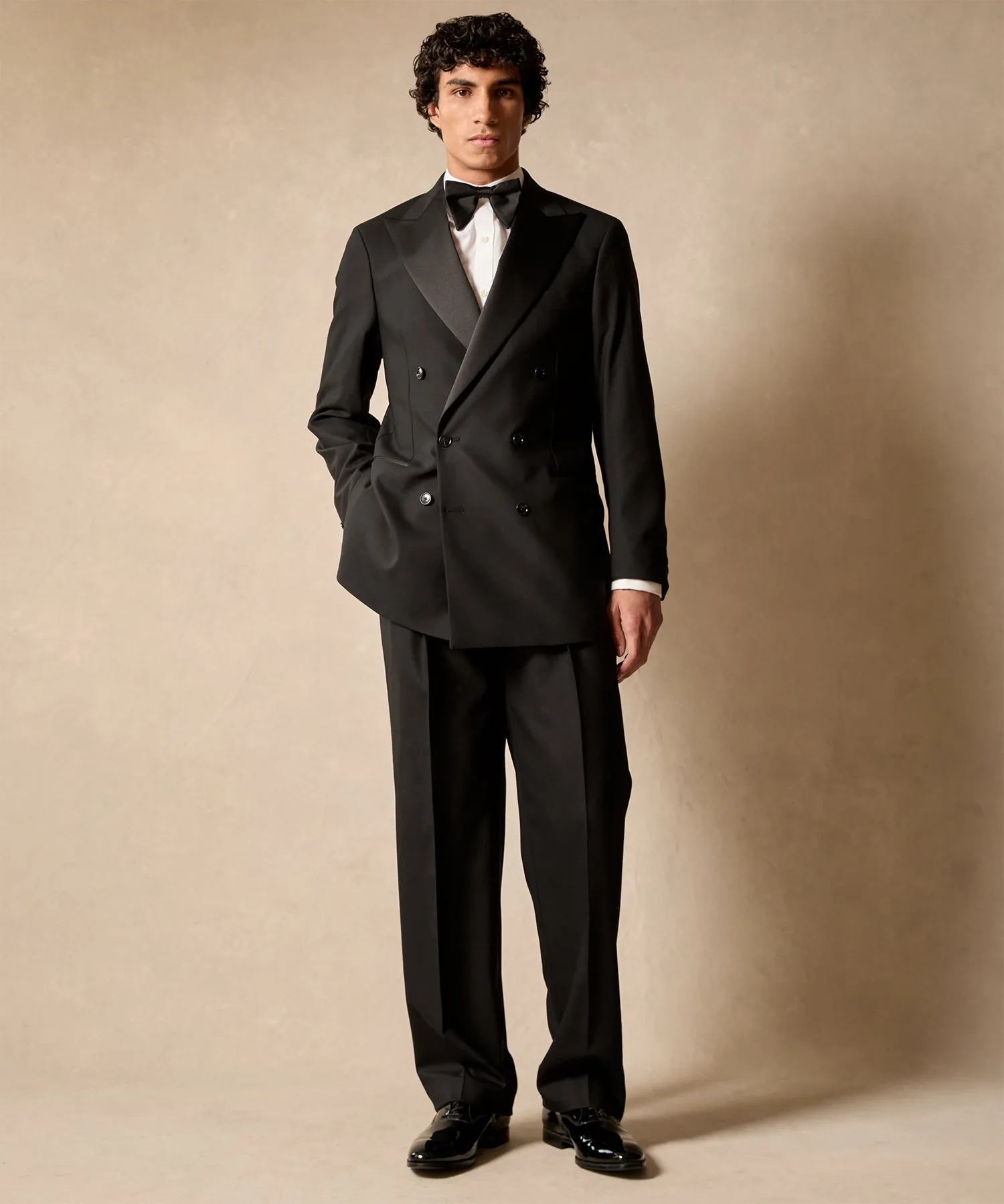 Relaxed Italian Wool Double-Breasted Tuxedo in Black
