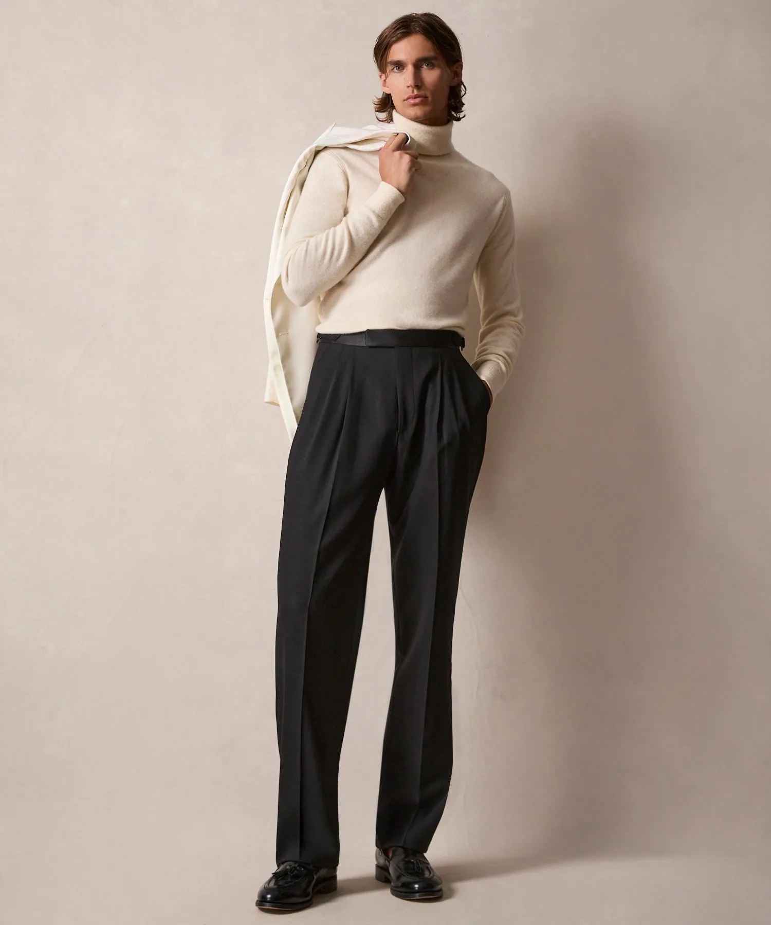Relaxed Italian Wool Double-Breasted Tuxedo in Black
