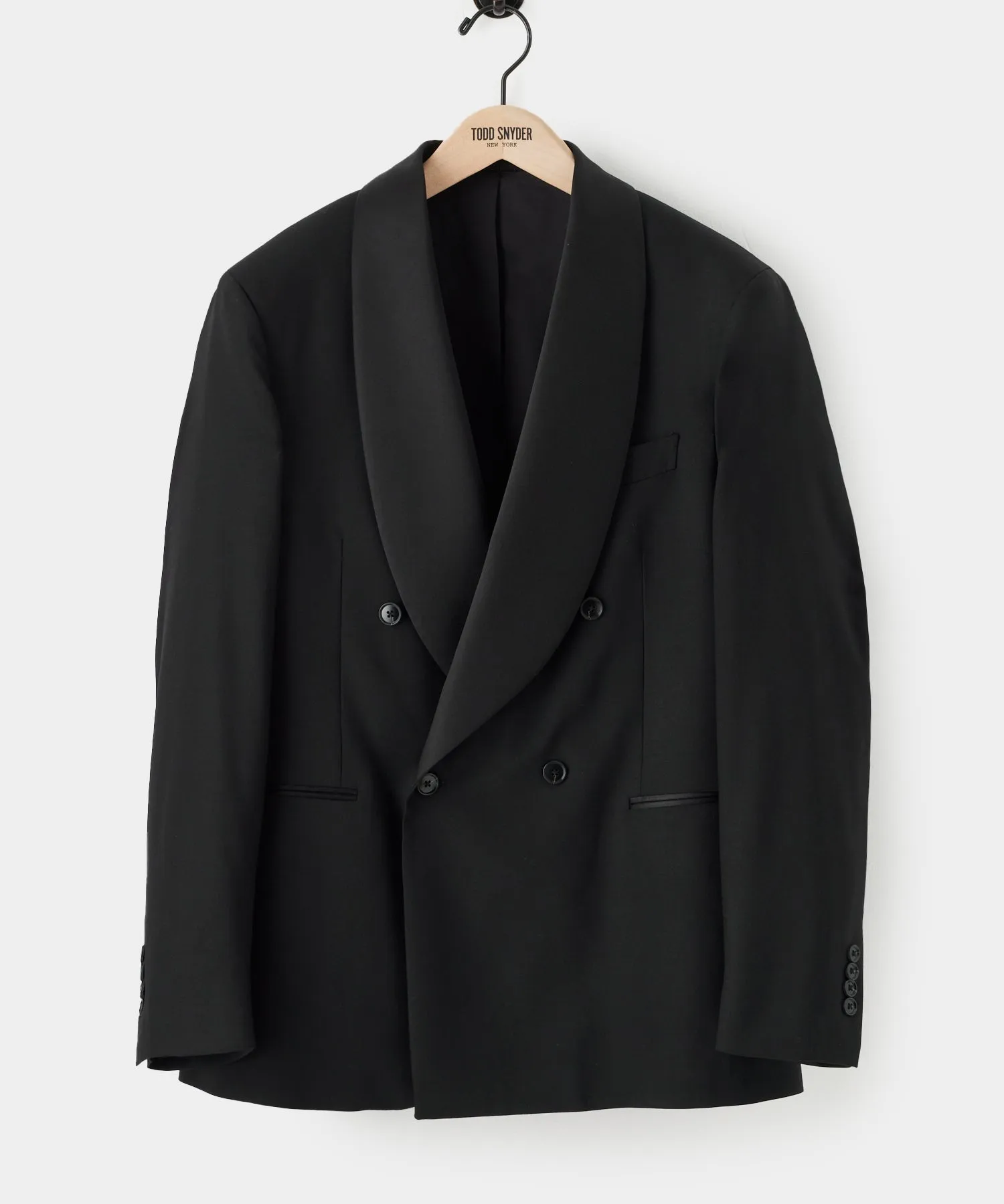 Relaxed Italian Wool Double-Breasted Tuxedo in Black