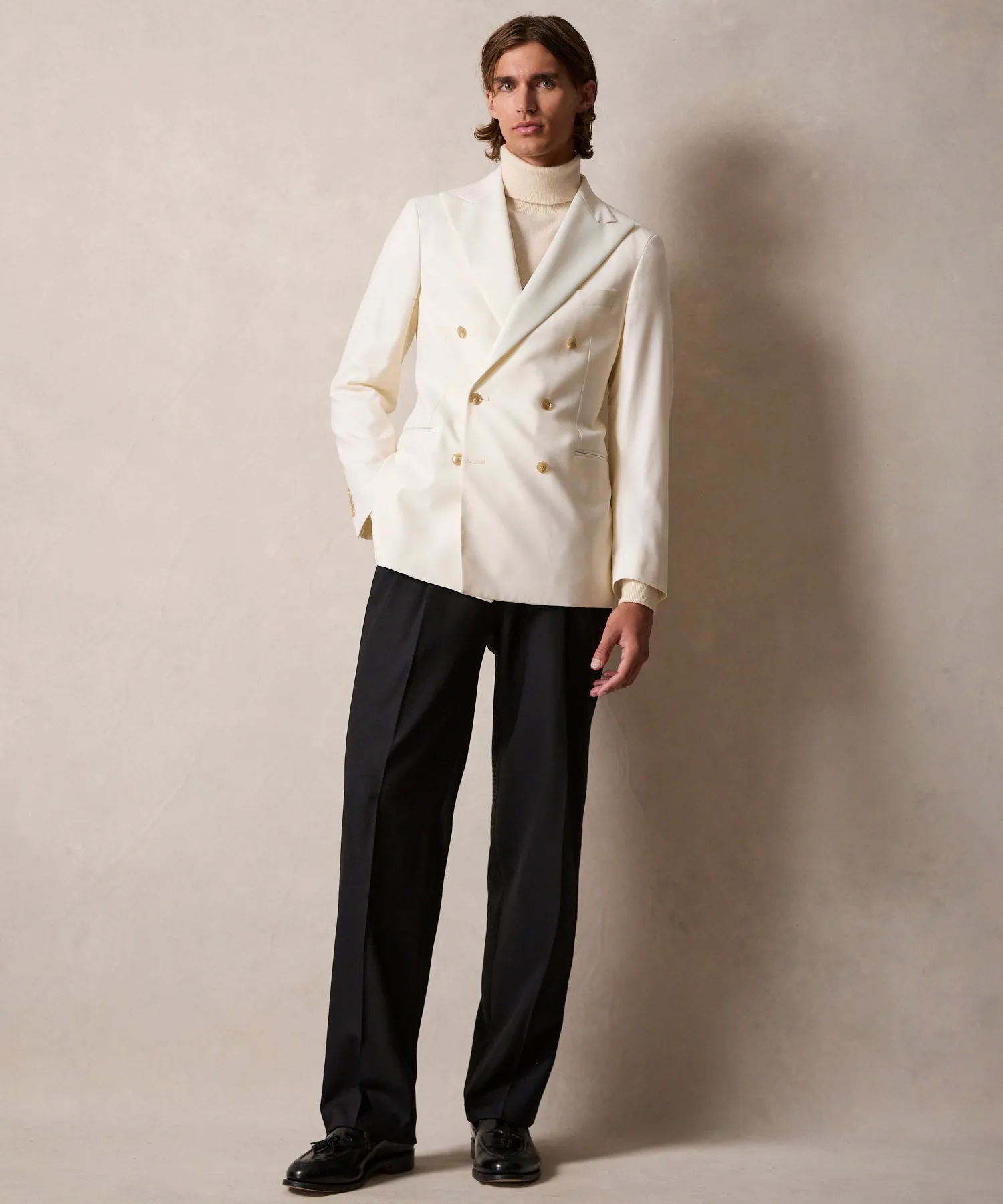 Relaxed Italian Wool Double-Breasted Tuxedo in Ivory & Black