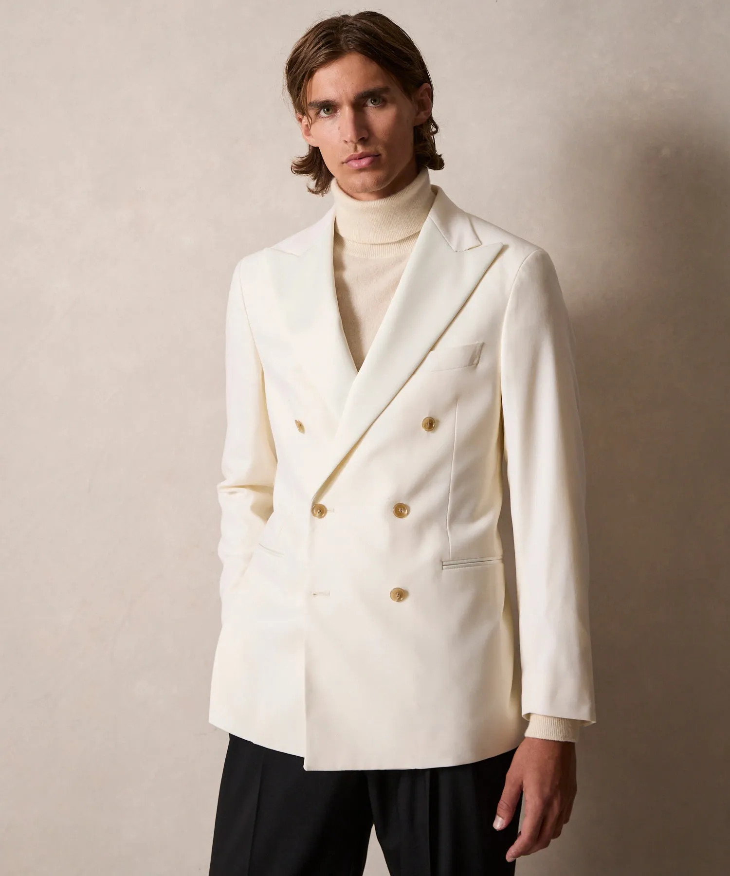 Relaxed Italian Wool Double-Breasted Tuxedo in Ivory & Black