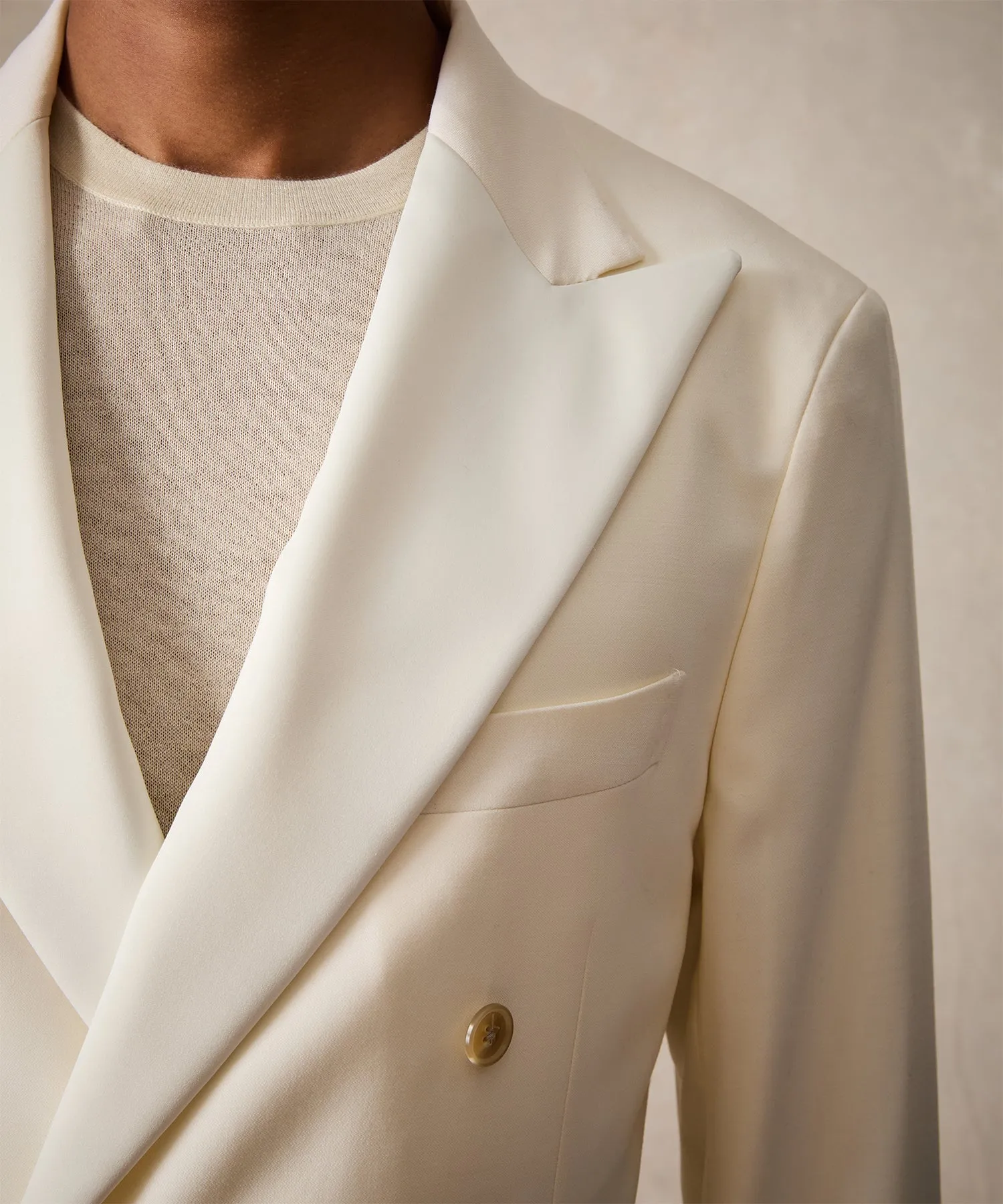 Relaxed Italian Wool Double-Breasted Tuxedo in Ivory