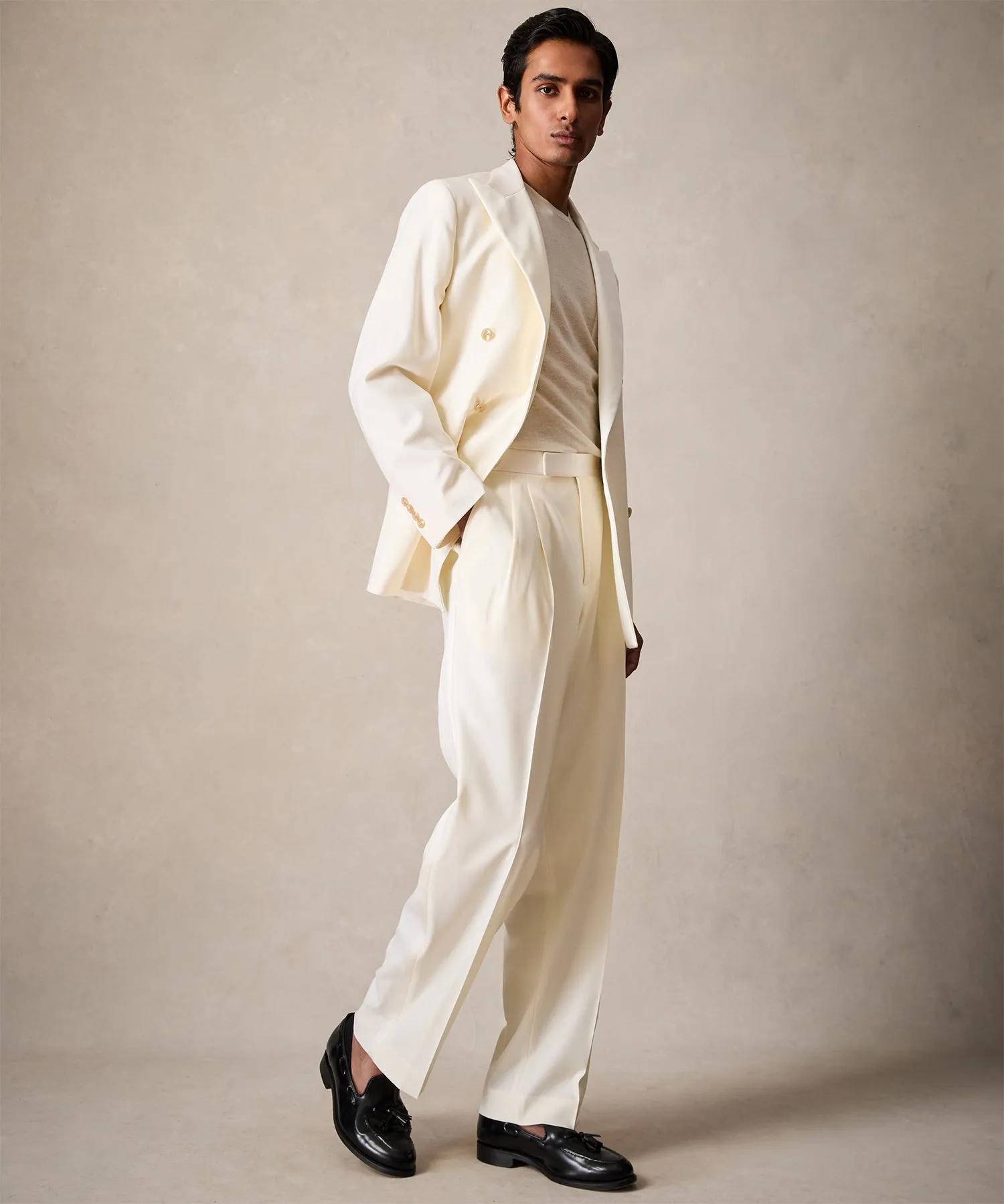 Relaxed Italian Wool Double-Breasted Tuxedo in Ivory