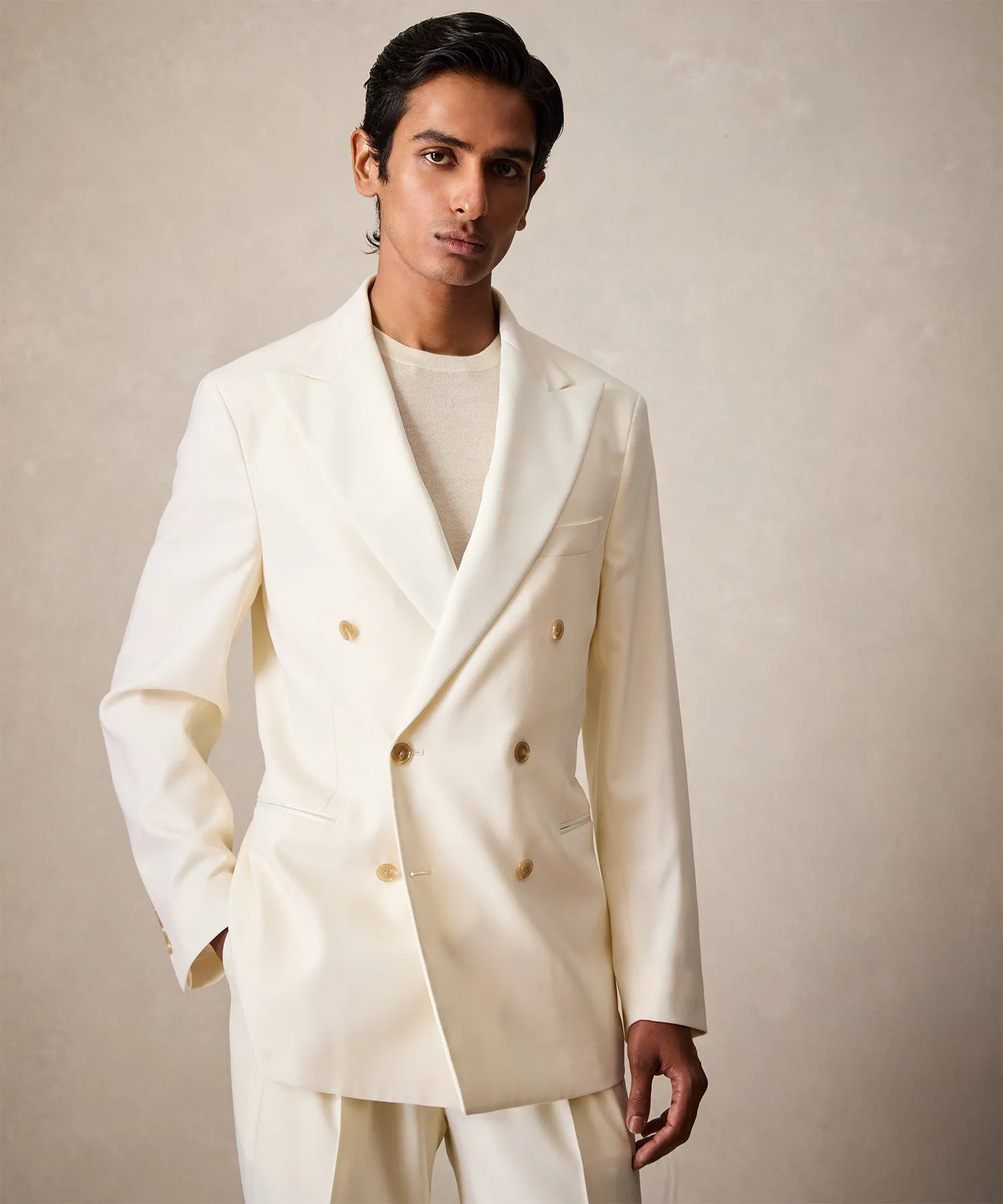 Relaxed Italian Wool Double-Breasted Tuxedo in Ivory