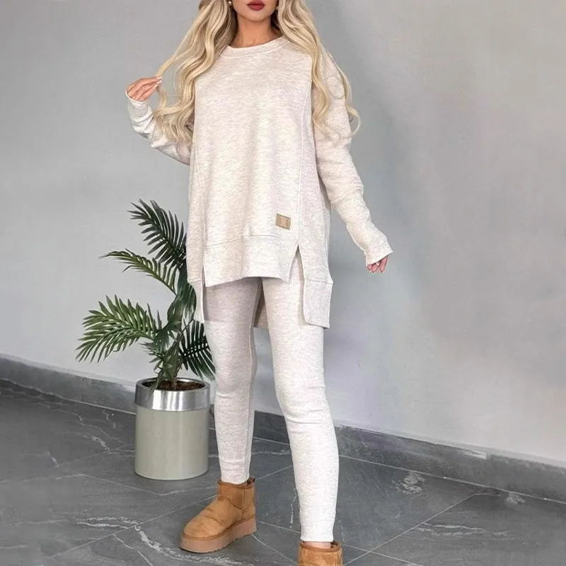 Slit High Low Hem Sweatshirt  Bodycon Pants Set