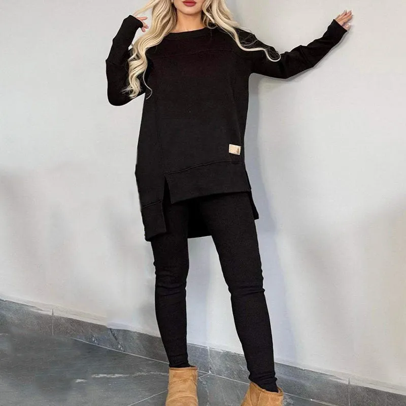 Slit High Low Hem Sweatshirt  Bodycon Pants Set