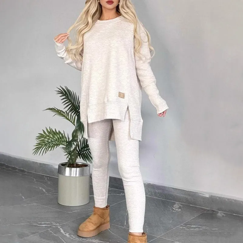 Slit High Low Hem Sweatshirt  Bodycon Pants Set