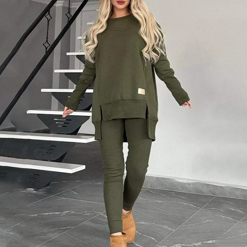 Slit High Low Hem Sweatshirt  Bodycon Pants Set