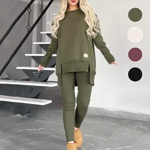 Slit High Low Hem Sweatshirt  Bodycon Pants Set
