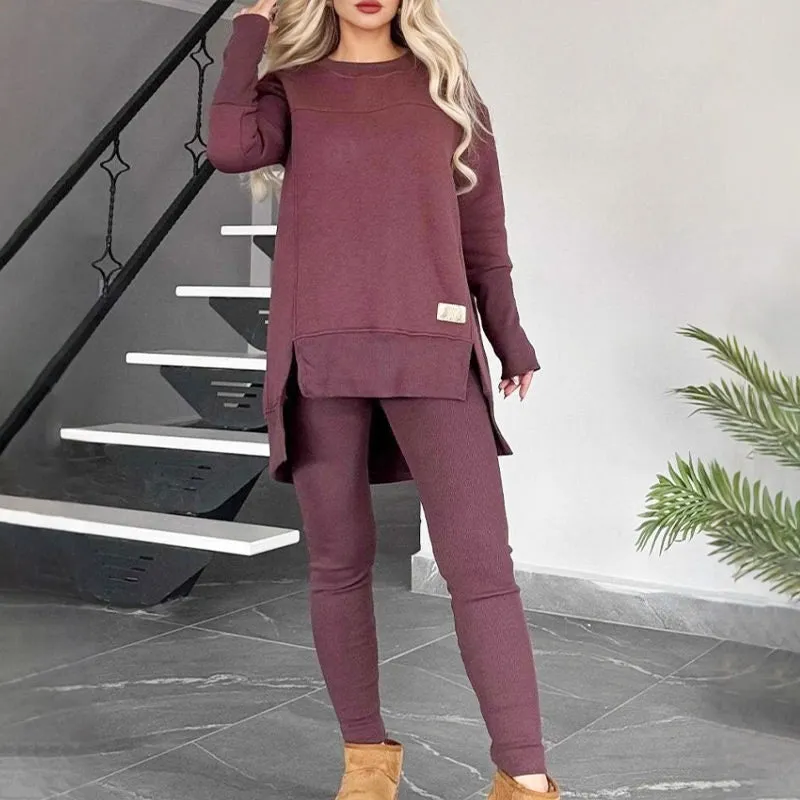 Slit High Low Hem Sweatshirt  Bodycon Pants Set