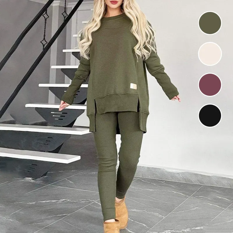 Slit High Low Hem Sweatshirt  Bodycon Pants Set