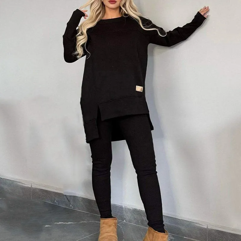 Slit High Low Hem Sweatshirt  Bodycon Pants Set