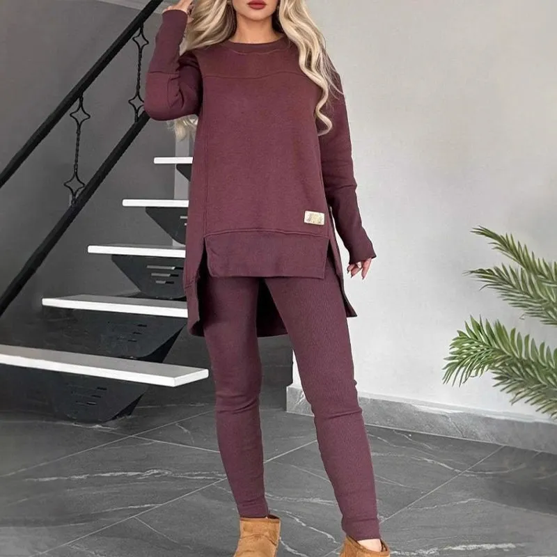 Slit High Low Hem Sweatshirt  Bodycon Pants Set